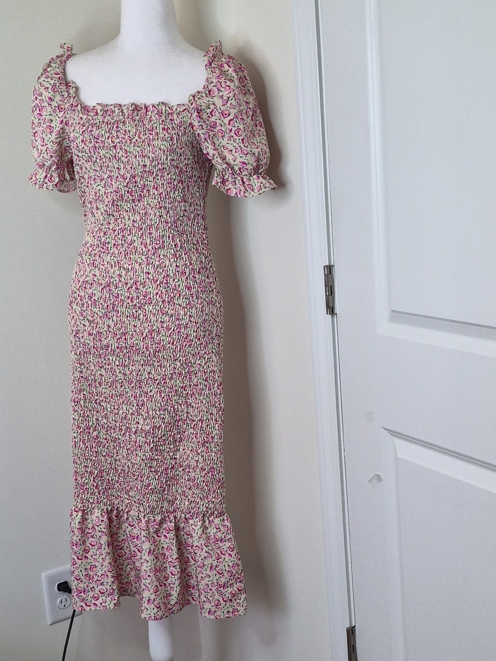 PrettyGarden Floral Smocked Midi Dress with Puff Sleeves - Pink on Cream Size L